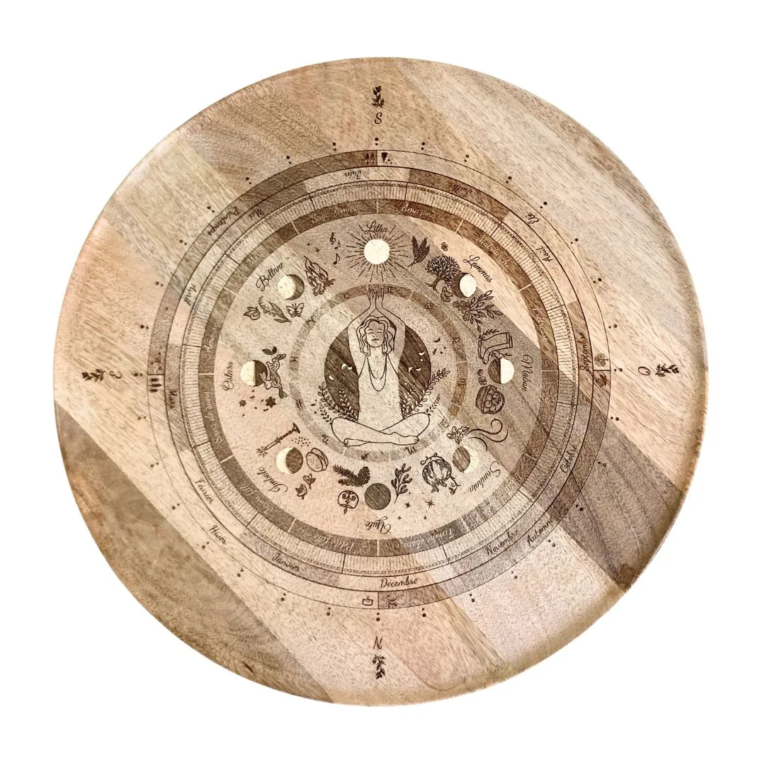 roue de la vie grand plateau Doula cercle de femme transmission des savoirs sabbats imbolc ostara Beltane litha Lammas Mabon Samhain Yule bois et or bonne nuit mon ange