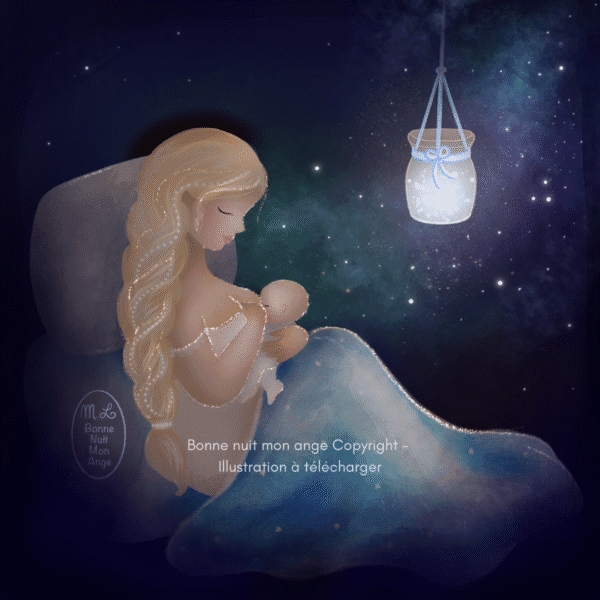 Mère veilleuse bonne nuit mon ange illustration à télécharger copyright 2025 tous droits réservés maman bébé mois d'or postnatal postpartum douceur amour tendresse